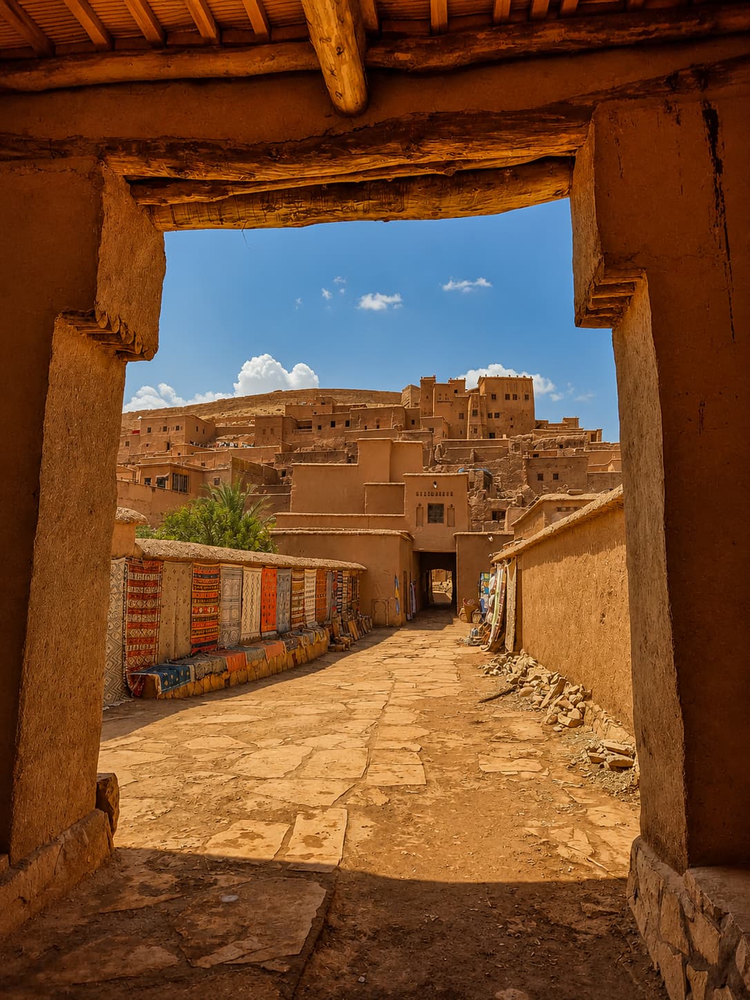 Aït Ben Haddou ksar framed through an earthen archway — the fortified village rising in tiers against a blue sky, colourful Berber rugs displayed along the stone path