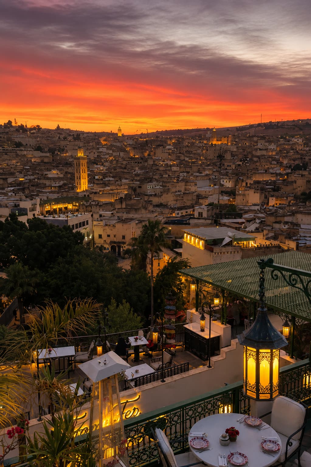 Fes medina at sunset from a rooftop terrace — glowing lanterns in the foreground, a sea of rooftops and minarets stretching to a vivid orange-and-pink sky