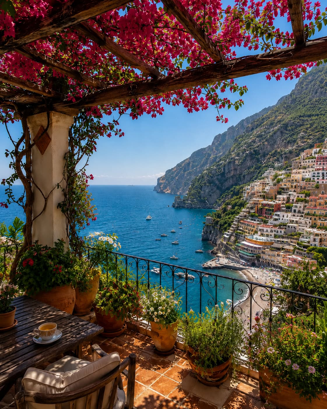 A bougainvillea-covered terrace overlooking Positano on the Amalfi Coast, with colourful buildings cascading down the cliffside and boats in the blue water below — a classic Mediterranean summer scene that conceals the intense heat of August.