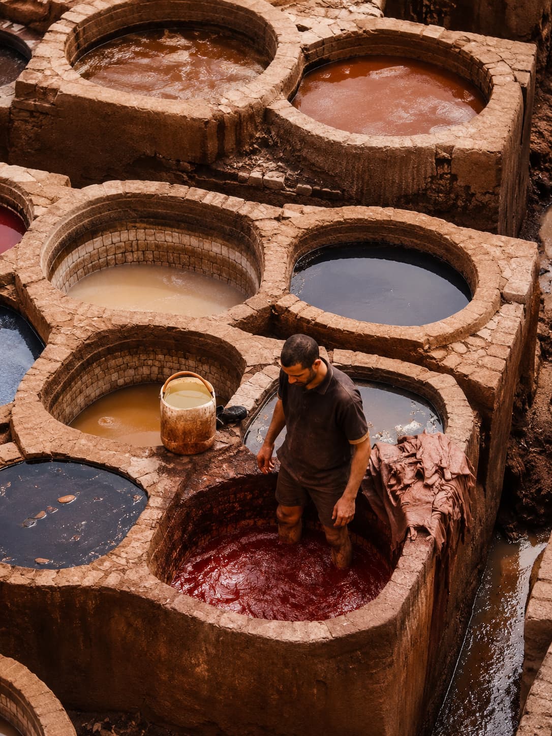 Chouara Tannery in Fes — a worker standing in a deep red dye vat surrounded by circular stone vats in ochre, brown, and dark blue