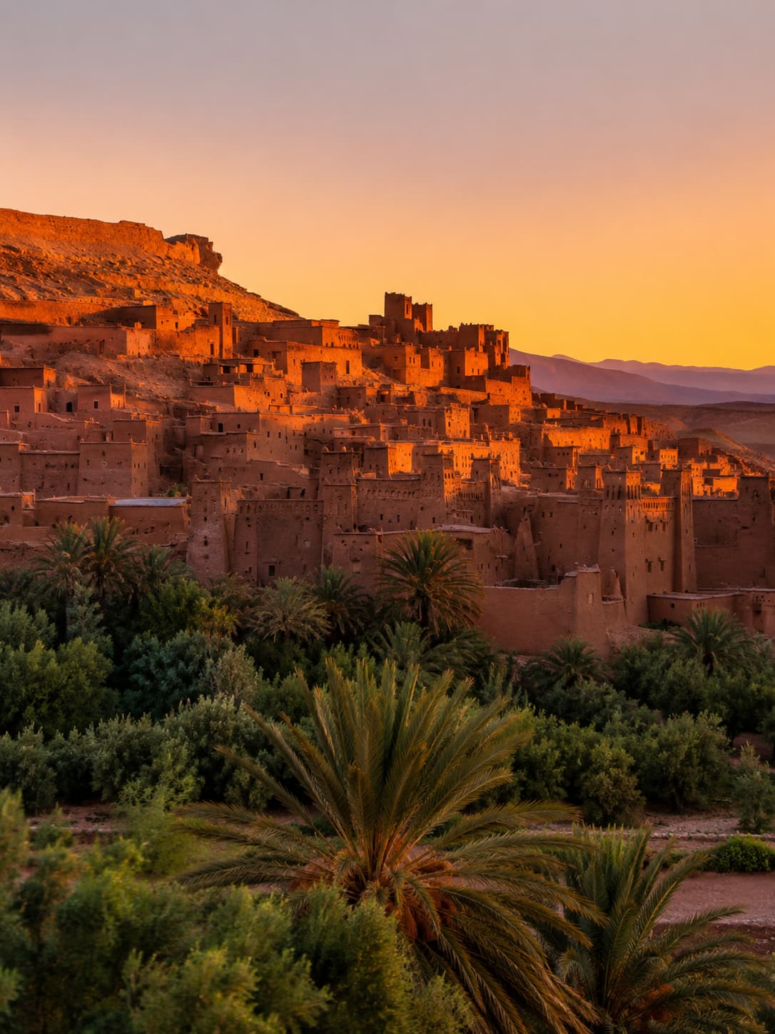 Aït Ben Haddou ksar at sunset — the UNESCO mud-brick fortified village glowing deep orange, palm trees in the foreground and Atlas Mountains behind