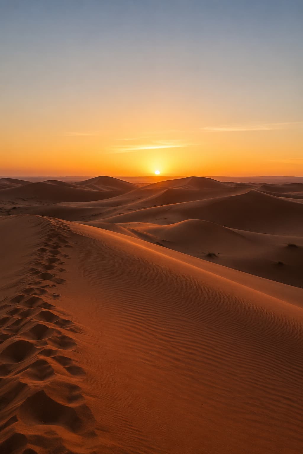 Erg Chebbi sand dunes near Merzouga at sunrise — footprints climbing a dune ridge, the sun rising orange on the horizon over rolling dunes