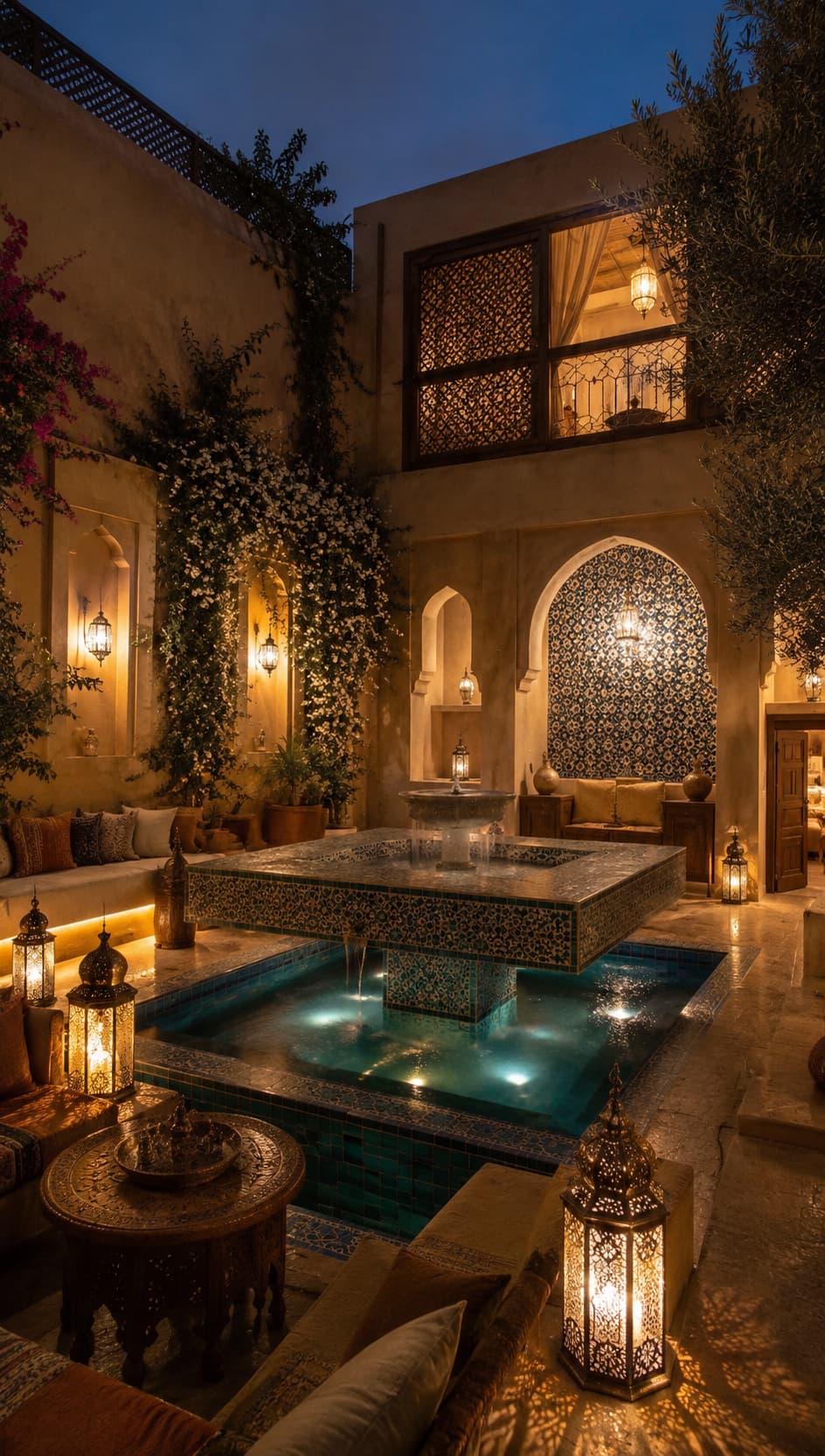 Riad courtyard in Morocco at night — ornate Moroccan lanterns casting warm patterned light on a zellige-tiled fountain, bougainvillea on the walls