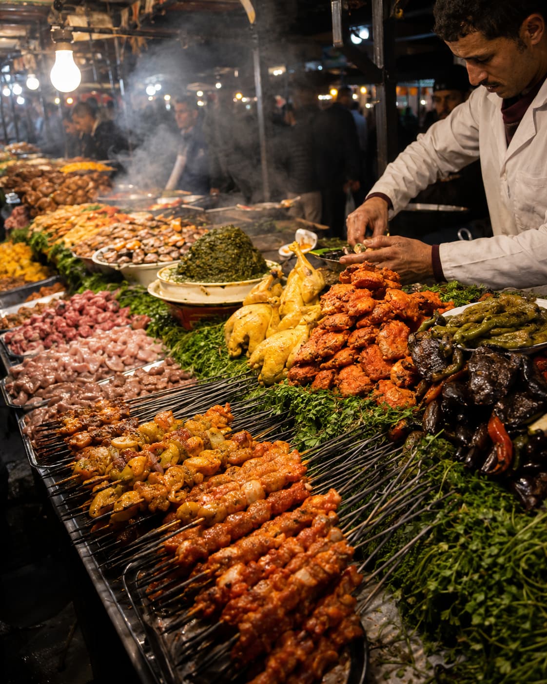 Night food stall at Djemaa el-Fna in Marrakech, with a vendor in white coat arranging brochette skewers, roasted chicken, and mounds of salads and vegetables under bright overhead lights, smoke rising from the grill
