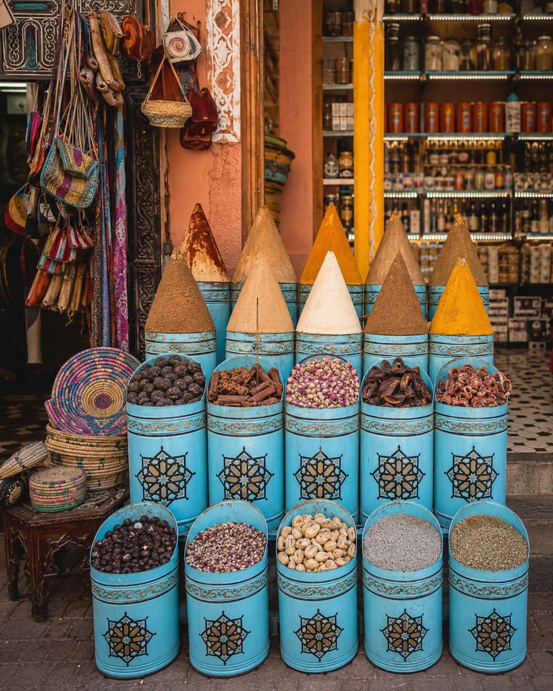 Spice stall in a Moroccan medina souk displaying tall conical mounds of cumin, turmeric, cinnamon, paprika and other spices in ornate blue ceramic containers, with bags and baskets of goods visible in the background