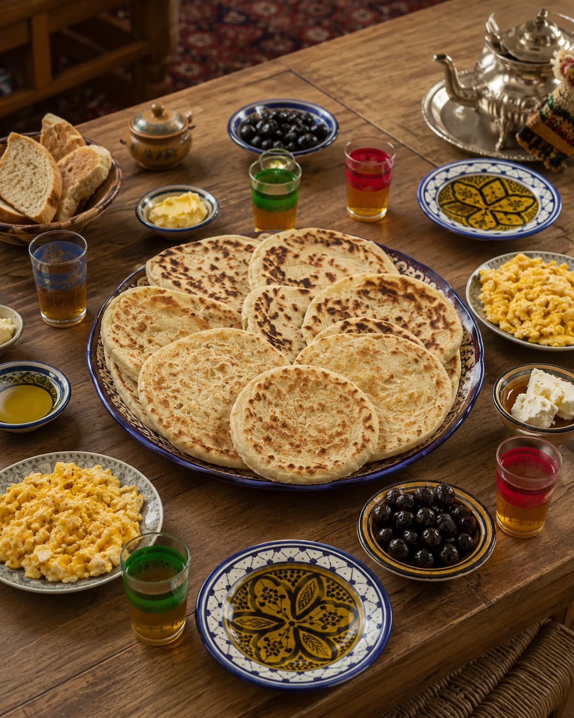 Traditional Moroccan riad breakfast spread on a wooden table: a large plate of msemen flatbreads, small bowls of olives, scrambled eggs, butter, honey and jben white cheese, decorated ceramic plates, and glasses of mint tea with a silver teapot
