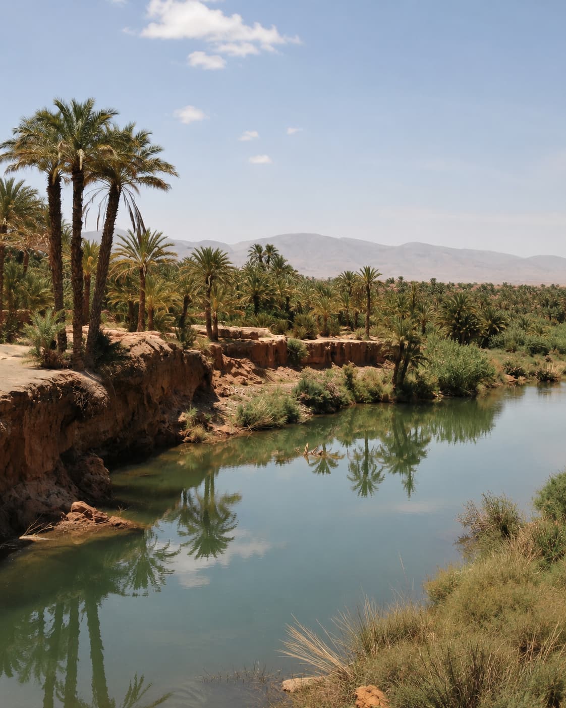 A calm oasis river lined with palm trees in the Draa Valley near Zagora, Morocco, showing the pre-Saharan landscape that surrounds the area's desert camps