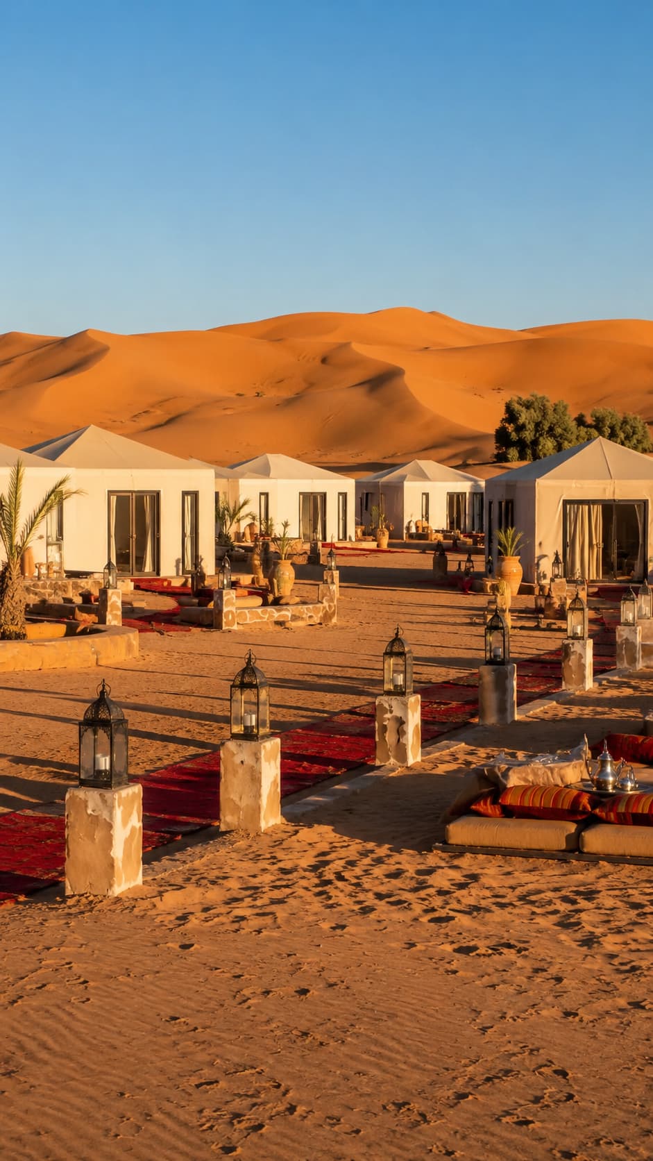 A luxury Merzouga desert camp at Erg Chebbi, Morocco, with white tent structures arranged on the sand, Moroccan lanterns and red rugs in the foreground, and the massive orange dunes rising directly behind