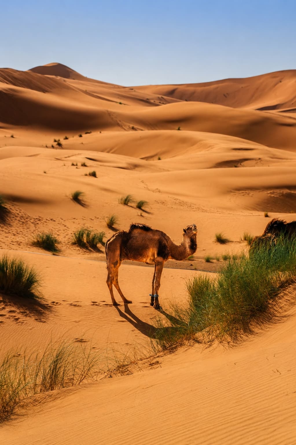 A lone camel standing on the orange sand at the base of the Merzouga dunes in Erg Chebbi, Morocco, with rolling dune formations and desert grass visible across the wide landscape behind it