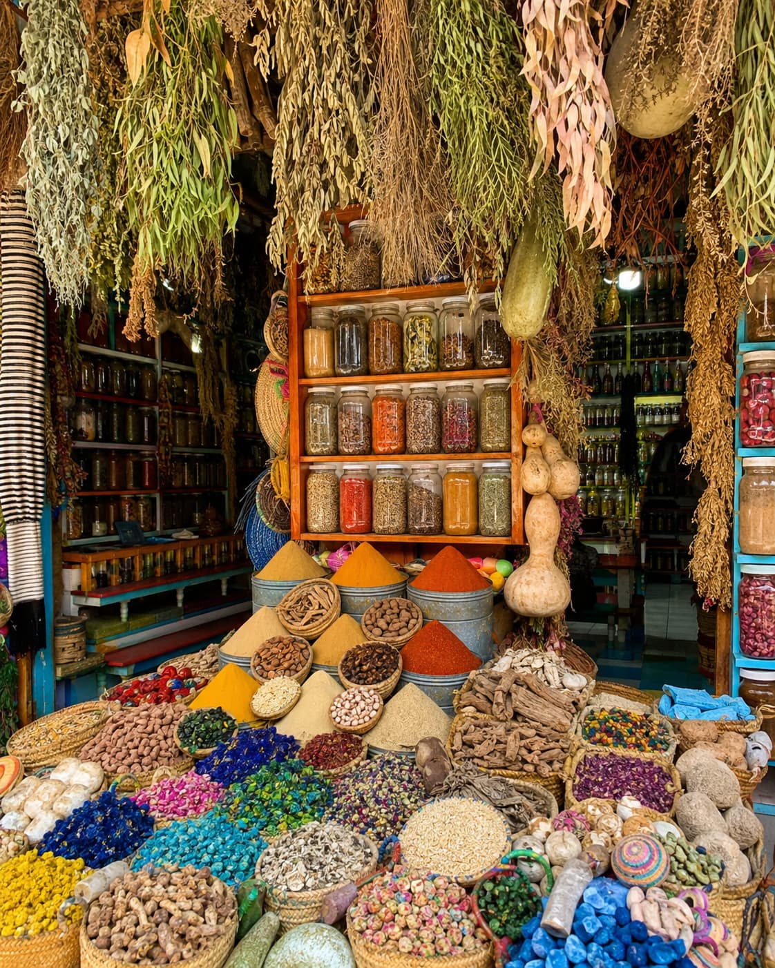 Spice souk in Morocco — mounds of loose spices, dried herbs, and jars of seasonings at a Marrakech market stall