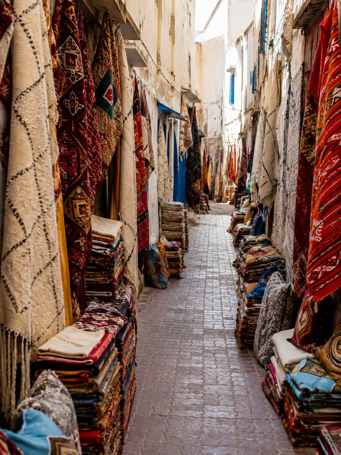 Moroccan rugs and carpets lining a narrow souk alley — Berber and kilim patterns stacked and hanging on both sides