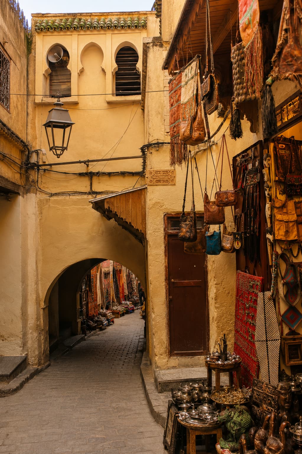Fes medina lane with Moorish arch — leather goods and rugs displayed outside a souk shop, mint tea set in the foreground