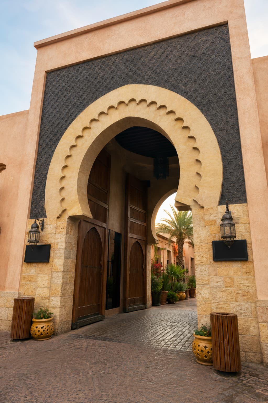 Ornate Moorish horseshoe arch entrance to a Moroccan medina — ochre stone and carved detail, late afternoon light