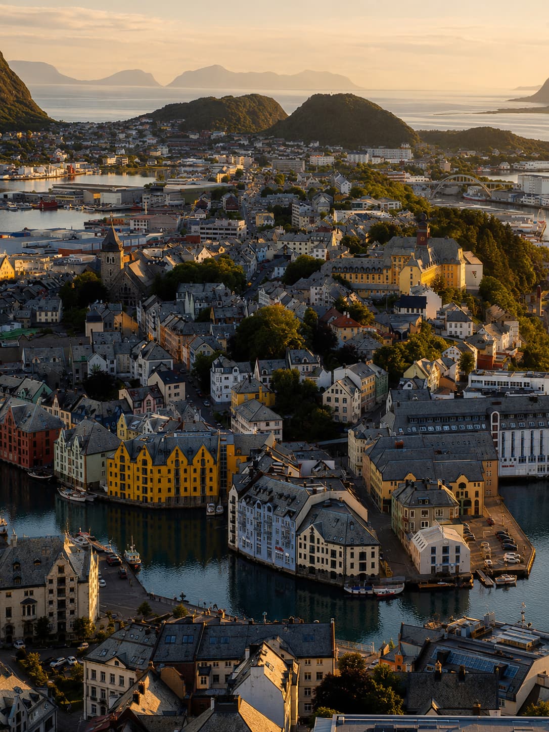 Ålesund from the Aksla viewpoint at golden hour, Art Nouveau rooftops and coloured facades spread across islands in warm evening light, sea and distant mountains beyond