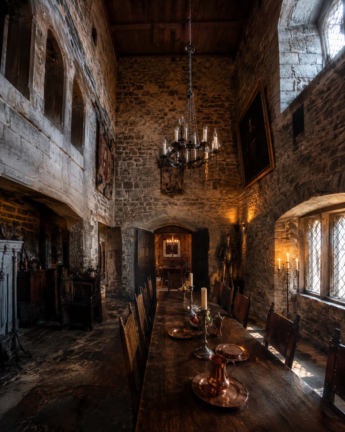 Doune Castle great hall interior — Castle Leoch in Outlander, with candlelit chandelier and stone walls