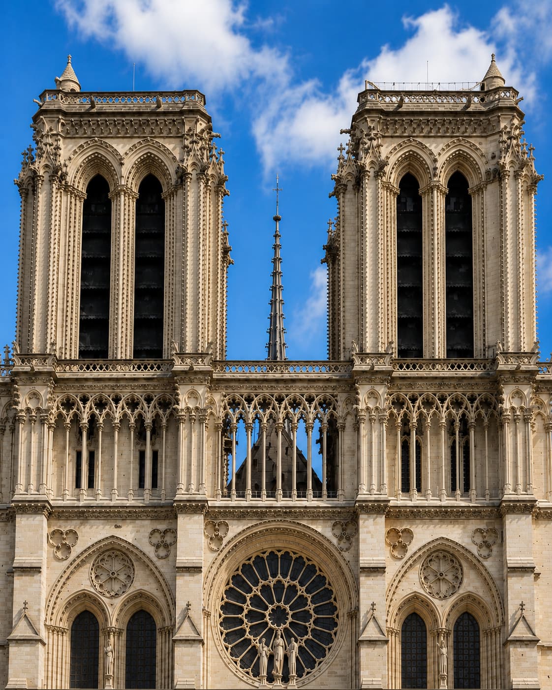 Notre-Dame de Paris west façade showing the restored twin bell towers and rose window against a blue sky