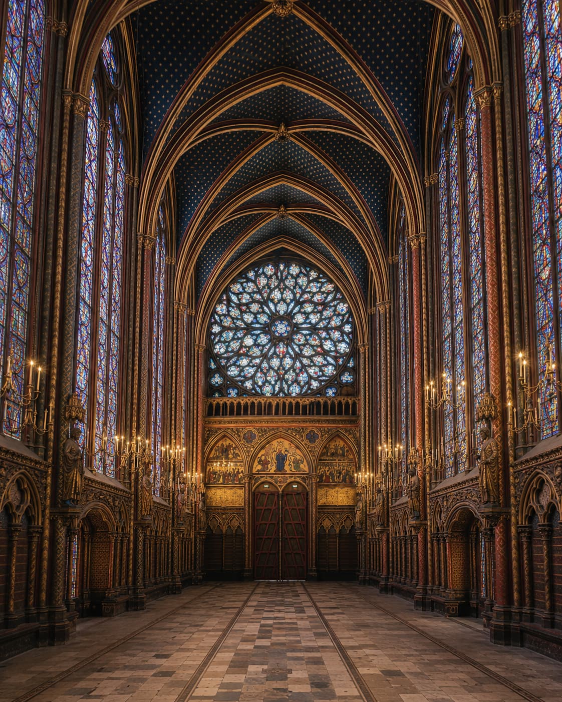 Sainte-Chapelle upper chapel interior, Paris — Gothic vaulted ceiling and floor-to-ceiling stained glass windows with candlelit altar