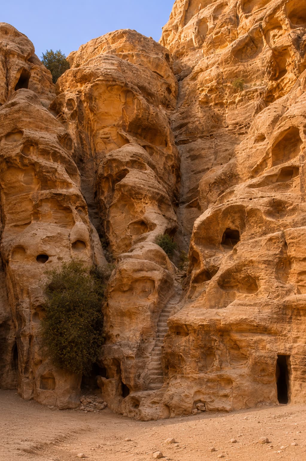 Rock-cut cave tombs and carved stone steps in the archaeological park at Petra, Jordan