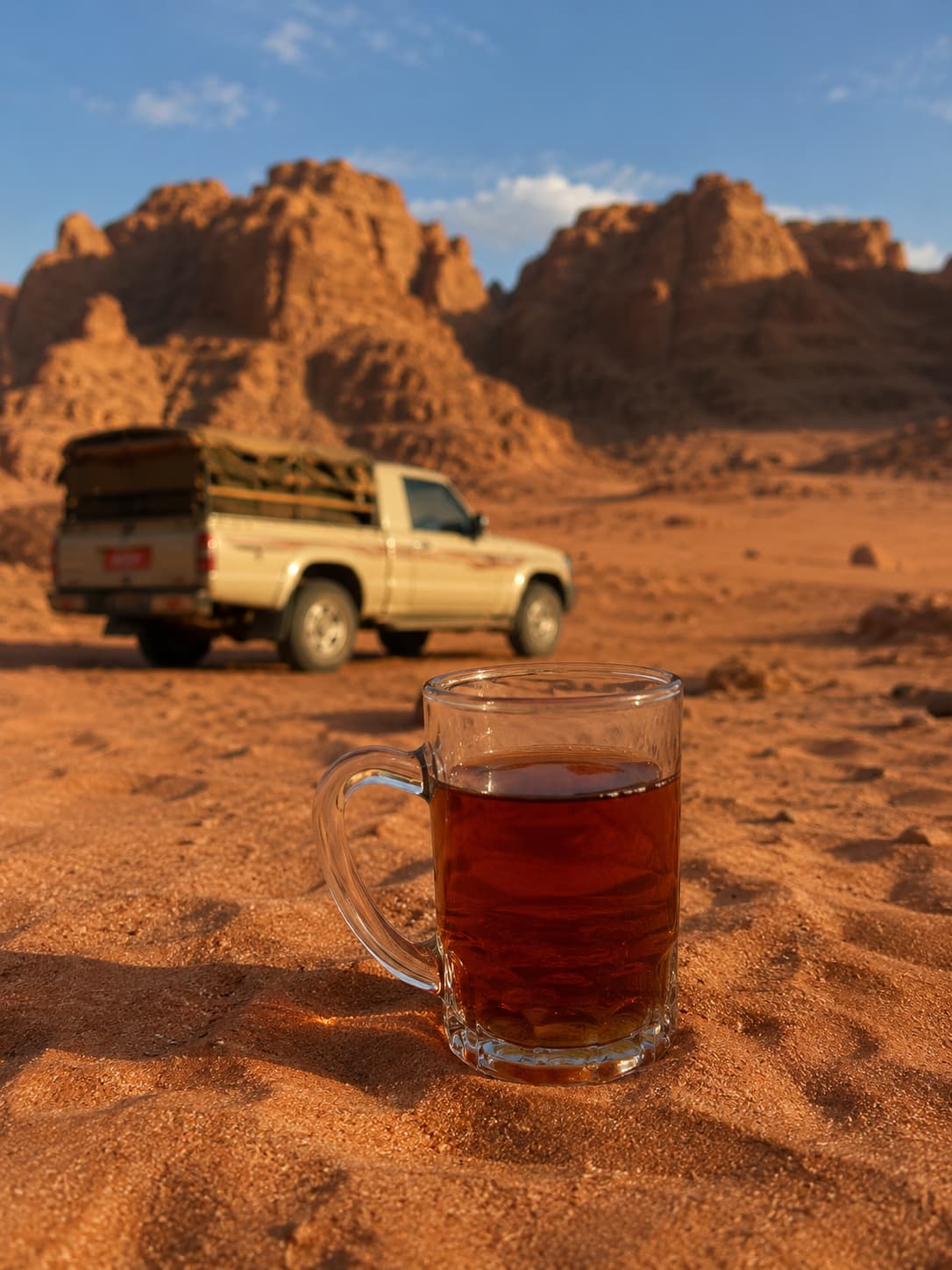 Glass of Bedouin tea on red desert sand with a pickup truck and sandstone mountains in Jordan