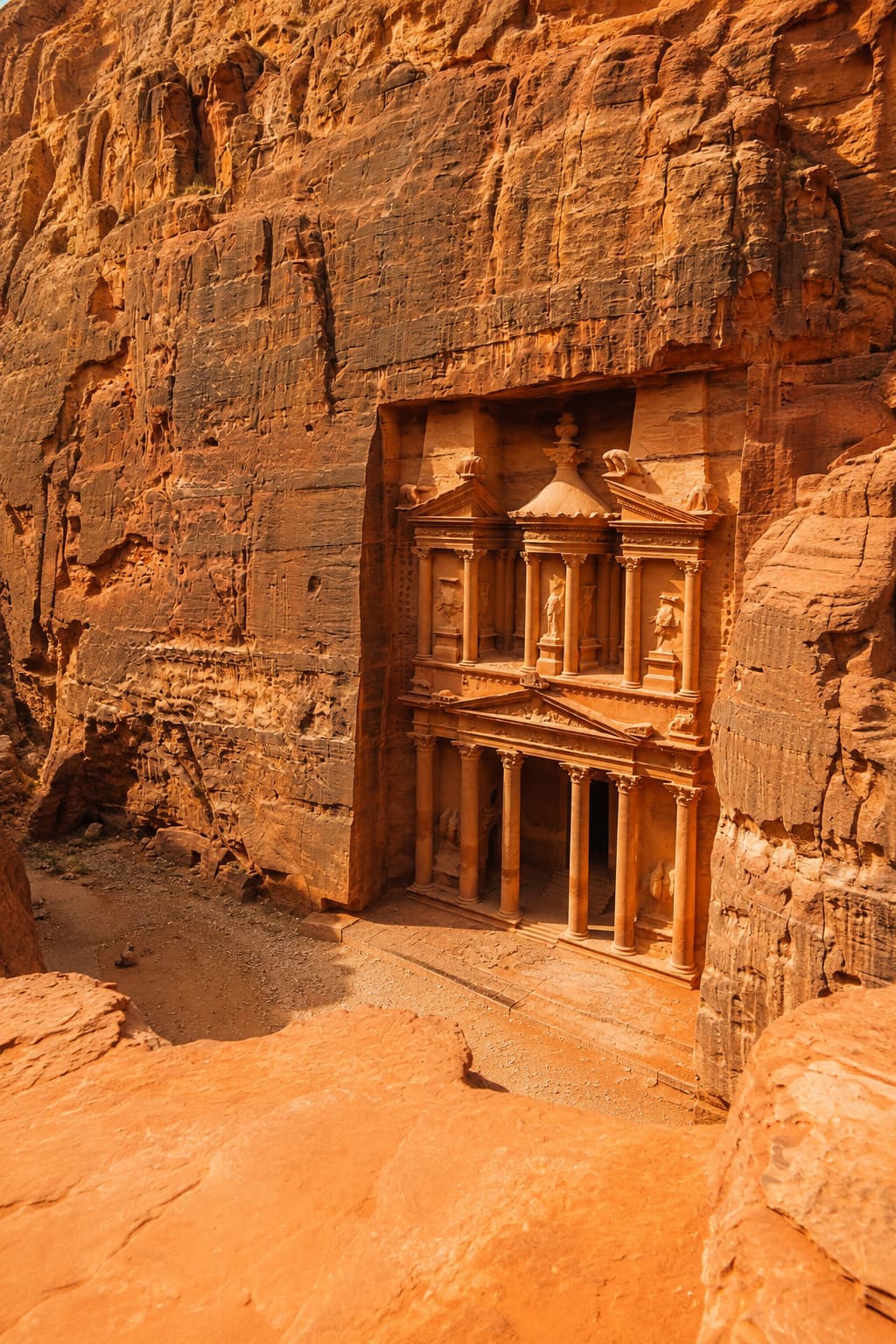 The Treasury (Al-Khazneh) viewed from an elevated rocky outcrop, glowing in warm orange afternoon light