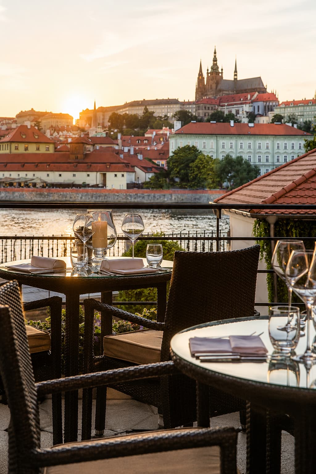Terrace restaurant table at sunset overlooking Prague Castle and the Vltava river, one of the best cafe views in Prague