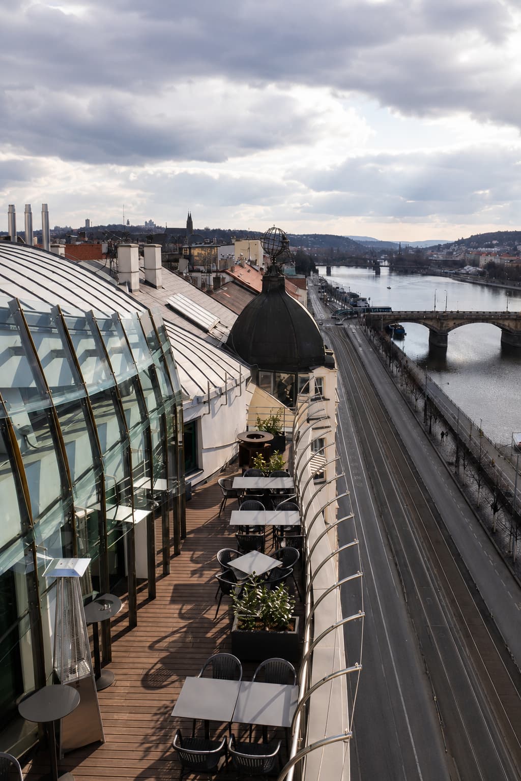 Ginger and Fred café restaurant rooftop terrace on the Dancing House Prague, overlooking the Vltava river — best cafe in Prague for a river view