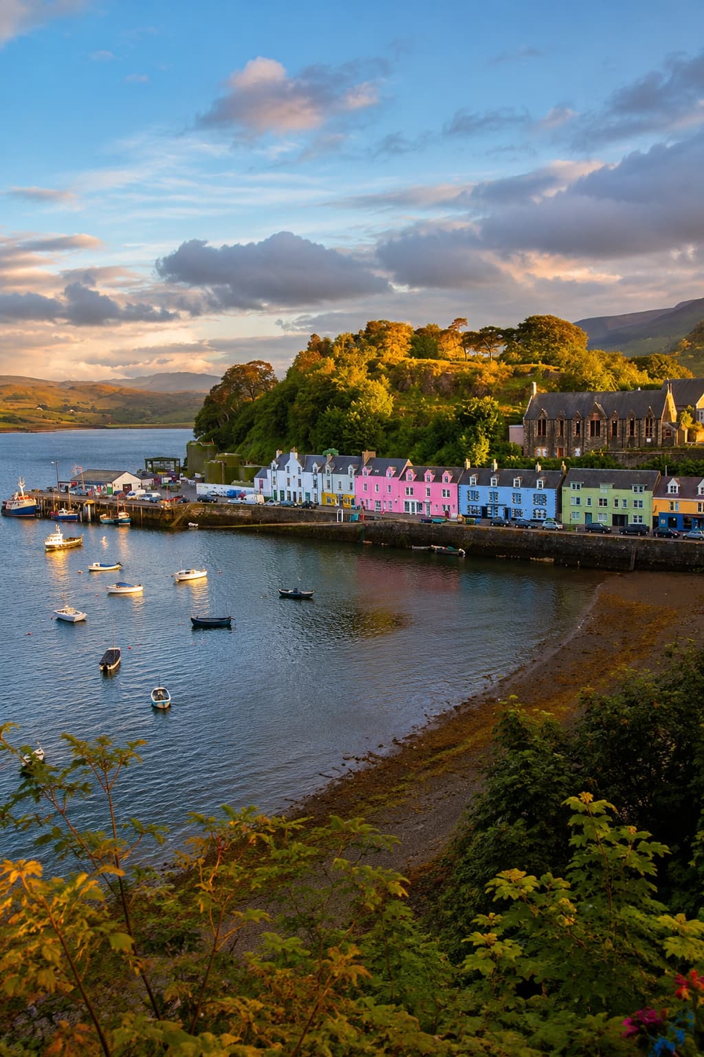Portree harbour on the Isle of Skye, colourful painted houses reflected in calm water at golden hour — a highlight of the 7-day Scotland itinerary