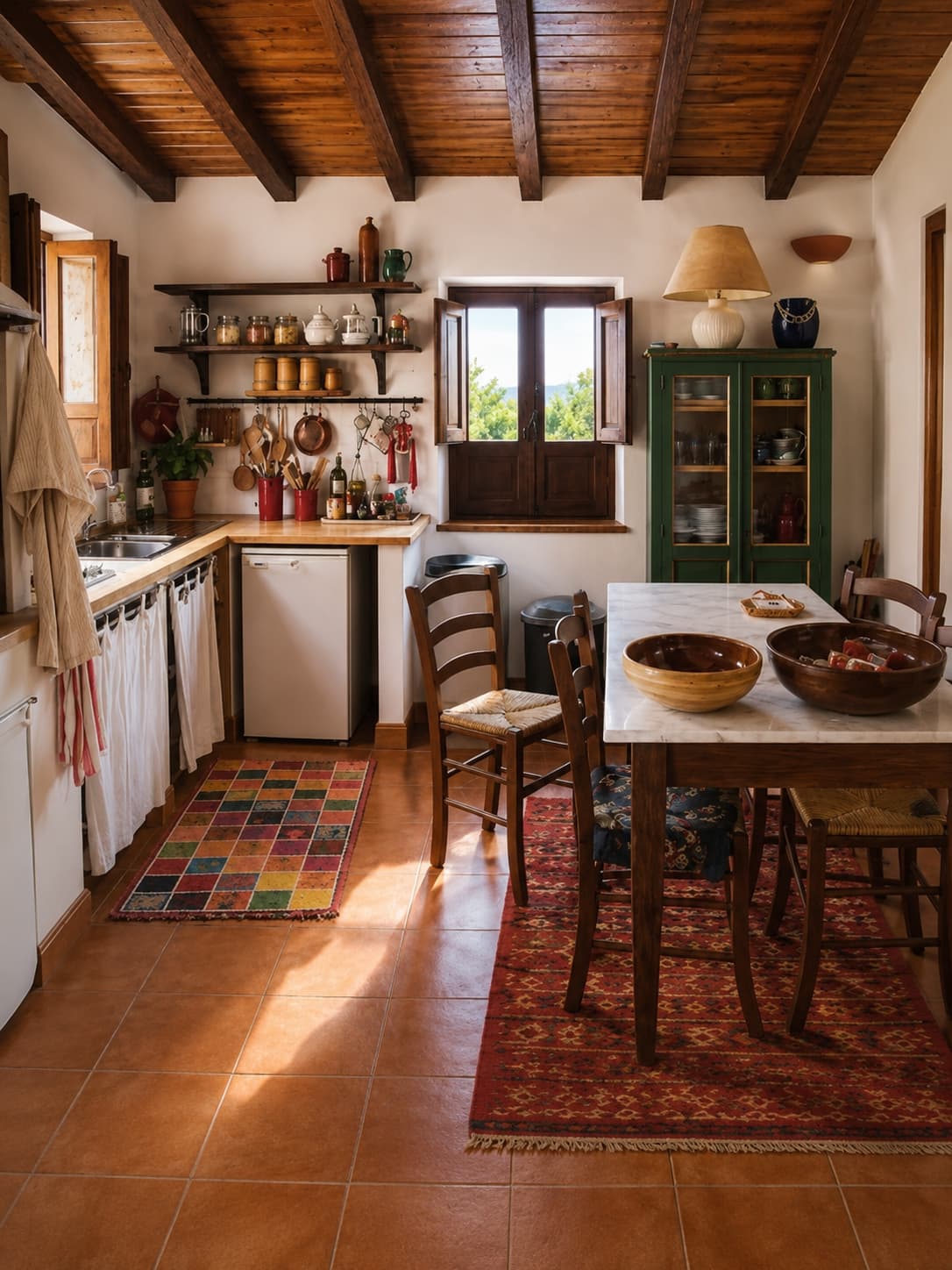 slow travel Italy — rustic kitchen in a rented Italian farmhouse apartment with terracotta tiles and wooden beamed ceiling