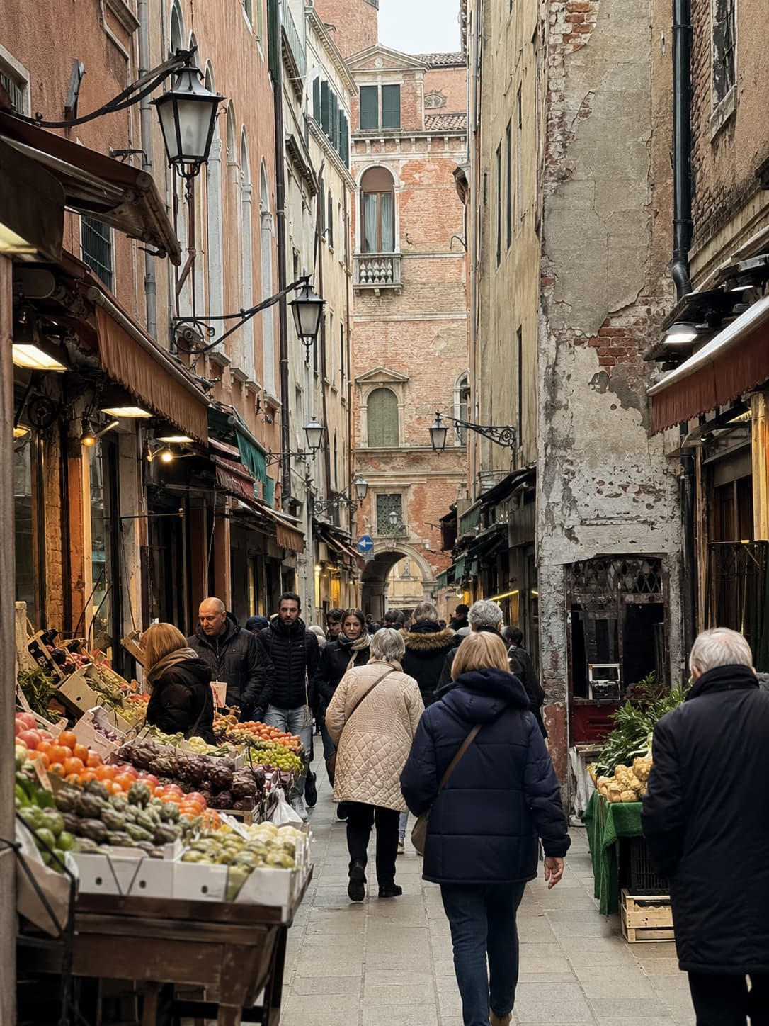 slow travel Italy market morning — locals shopping for fresh produce along a narrow Venice street lined with historic buildings