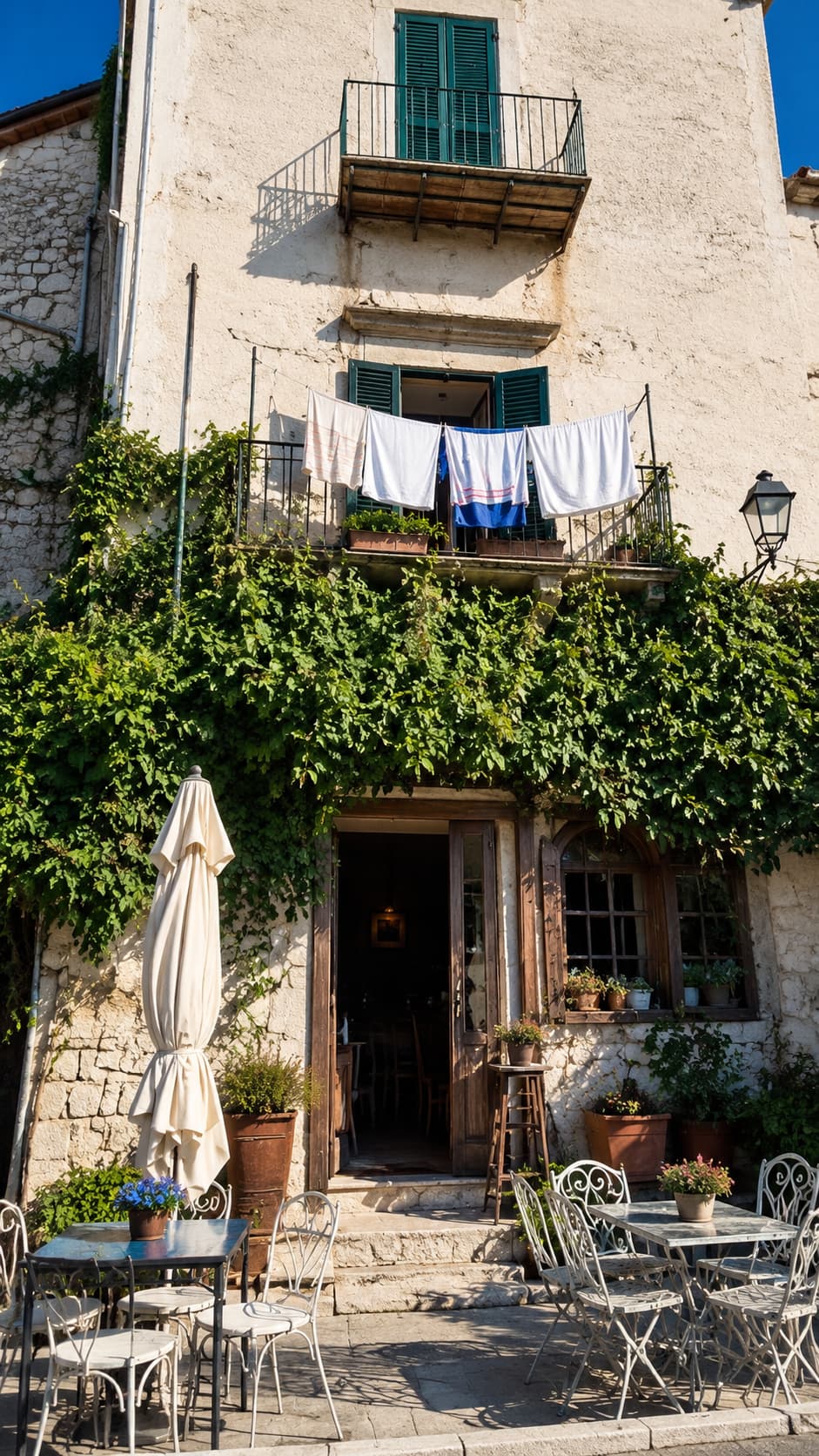 rustic Italian village café with ivy-covered stone facade, laundry drying on balcony above, outdoor tables in afternoon sun
