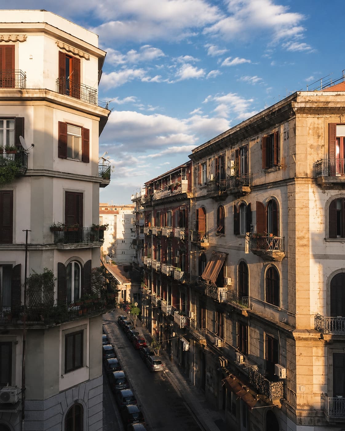 slow travel Italy street view — golden hour light over southern Italian apartment buildings with terracotta shutters and ornate balconies