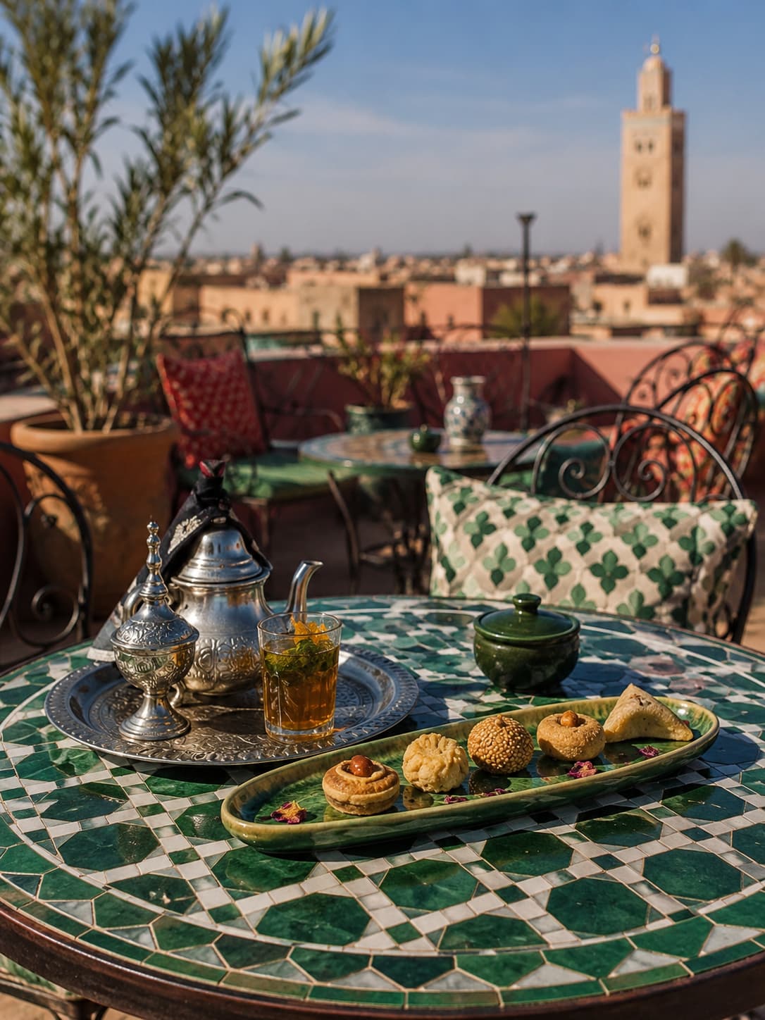 Rooftop terrace in Marrakech with mint tea and Moroccan pastries on a zellige table, Koutoubia Mosque minaret in the background — things to know before visiting Morocco