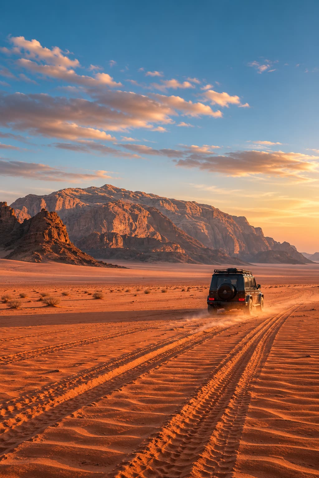 A 4x4 jeep driving across the red sand desert in Wadi Rum at sunset, sandstone mountains glowing in the background
