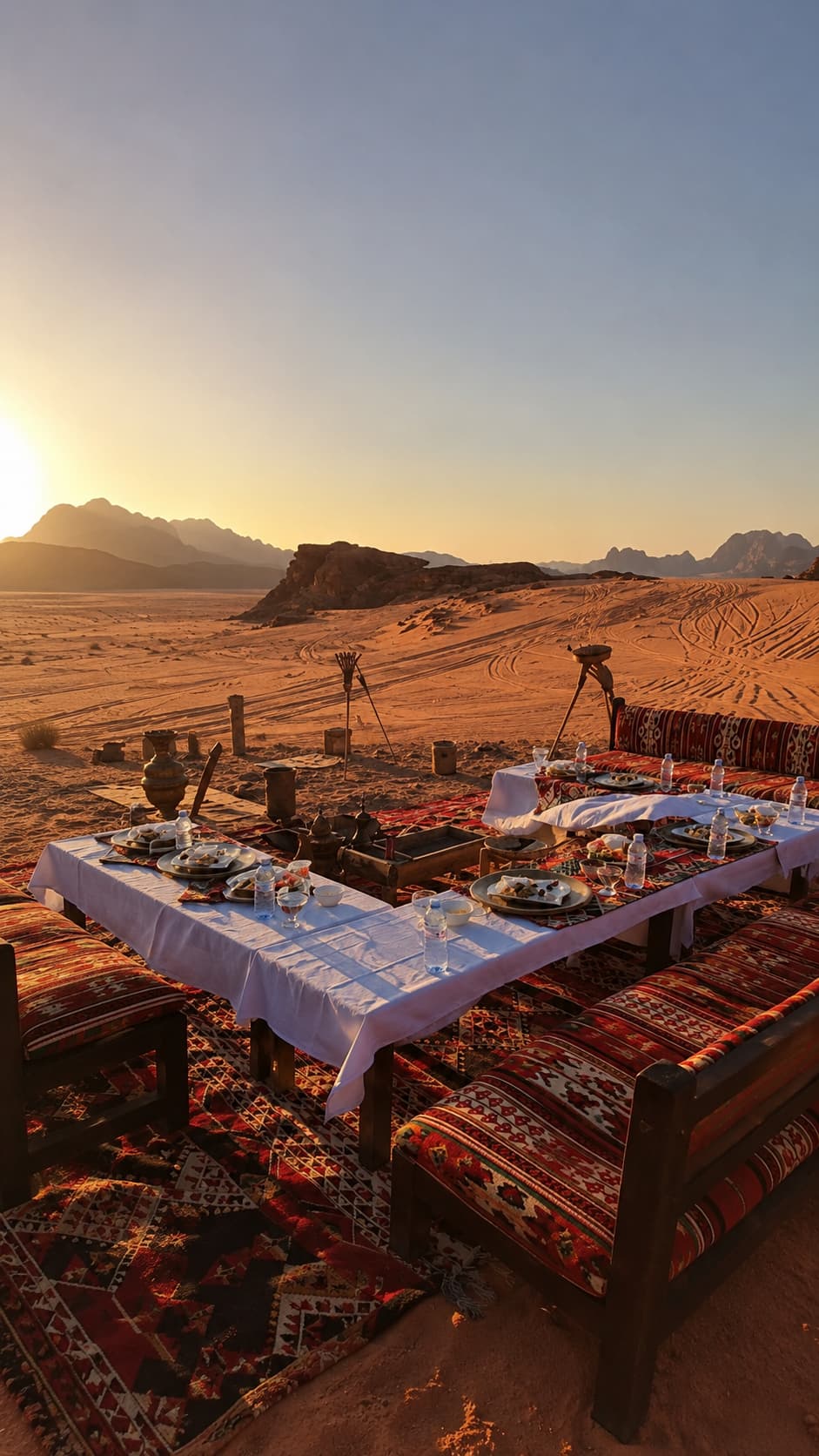 A Bedouin dinner table set on traditional rugs in the Wadi Rum desert at sunset, patterned kilims and sandstone mountains in the background