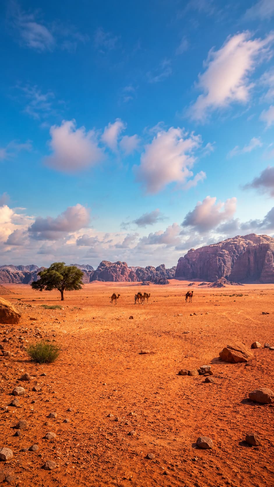 Camels roaming the red Wadi Rum desert landscape with a lone acacia tree and dramatic sandstone mountains under a blue sky with clouds