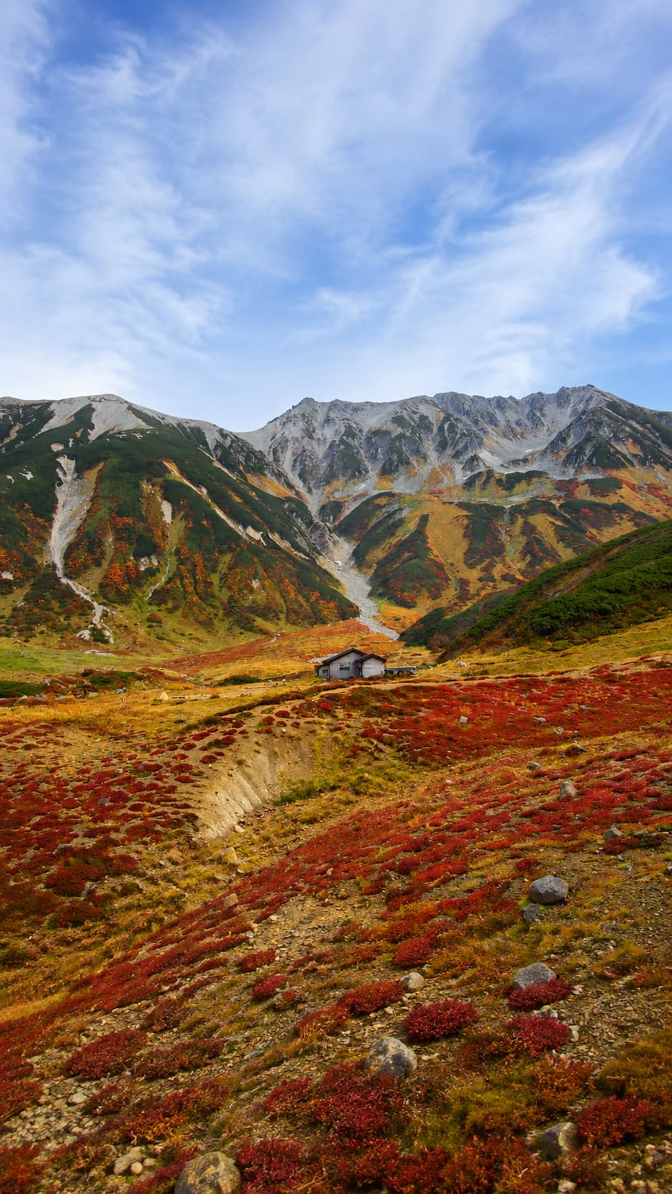 High-altitude alpine meadow in October with red and gold autumn ground cover, a lone mountain hut in the valley, and grey rocky peaks behind