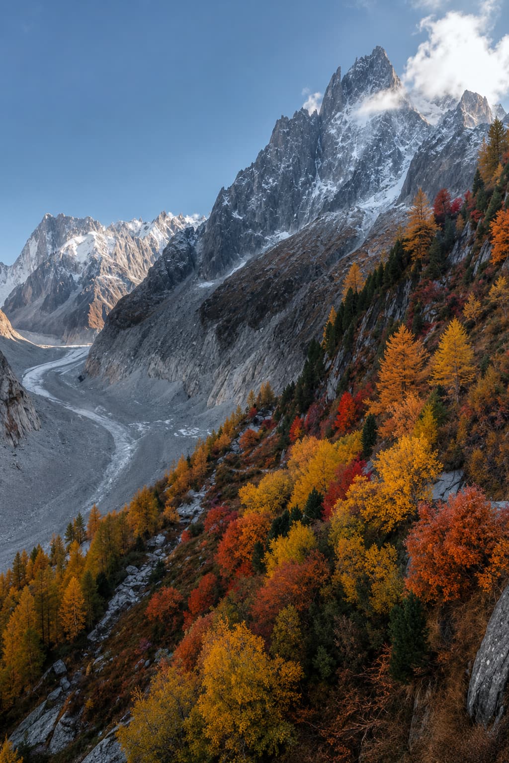 Mer de Glace glacier below the Grandes Jorasses in the French Alps, with a steep hillside covered in brilliant red, orange and gold autumn larch and mixed forest in October