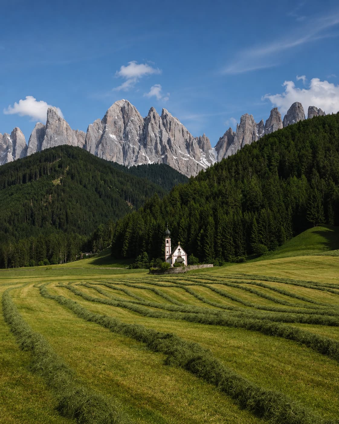 St Magdalena church in Val di Funes with green meadow foreground and the jagged Odle peaks of the Dolomites rising behind
