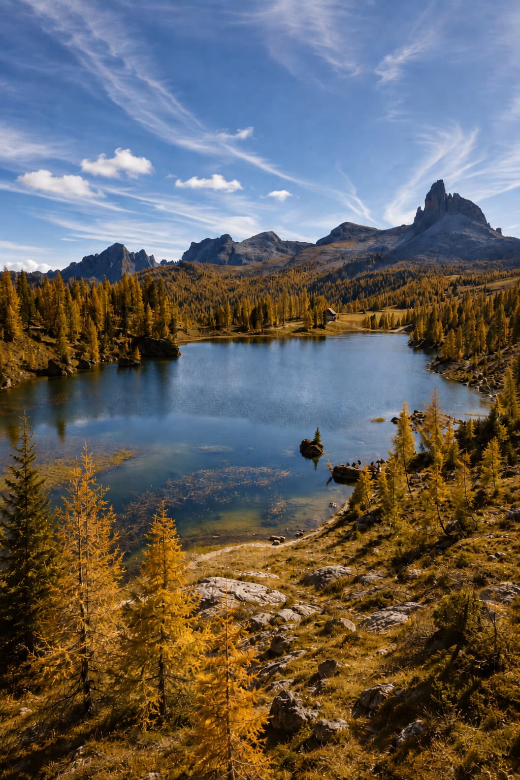 Lago di Federa at Croda da Lago in the Dolomites surrounded by golden larch trees, with the rocky Becco di Mezzodì peak rising above the blue lake
