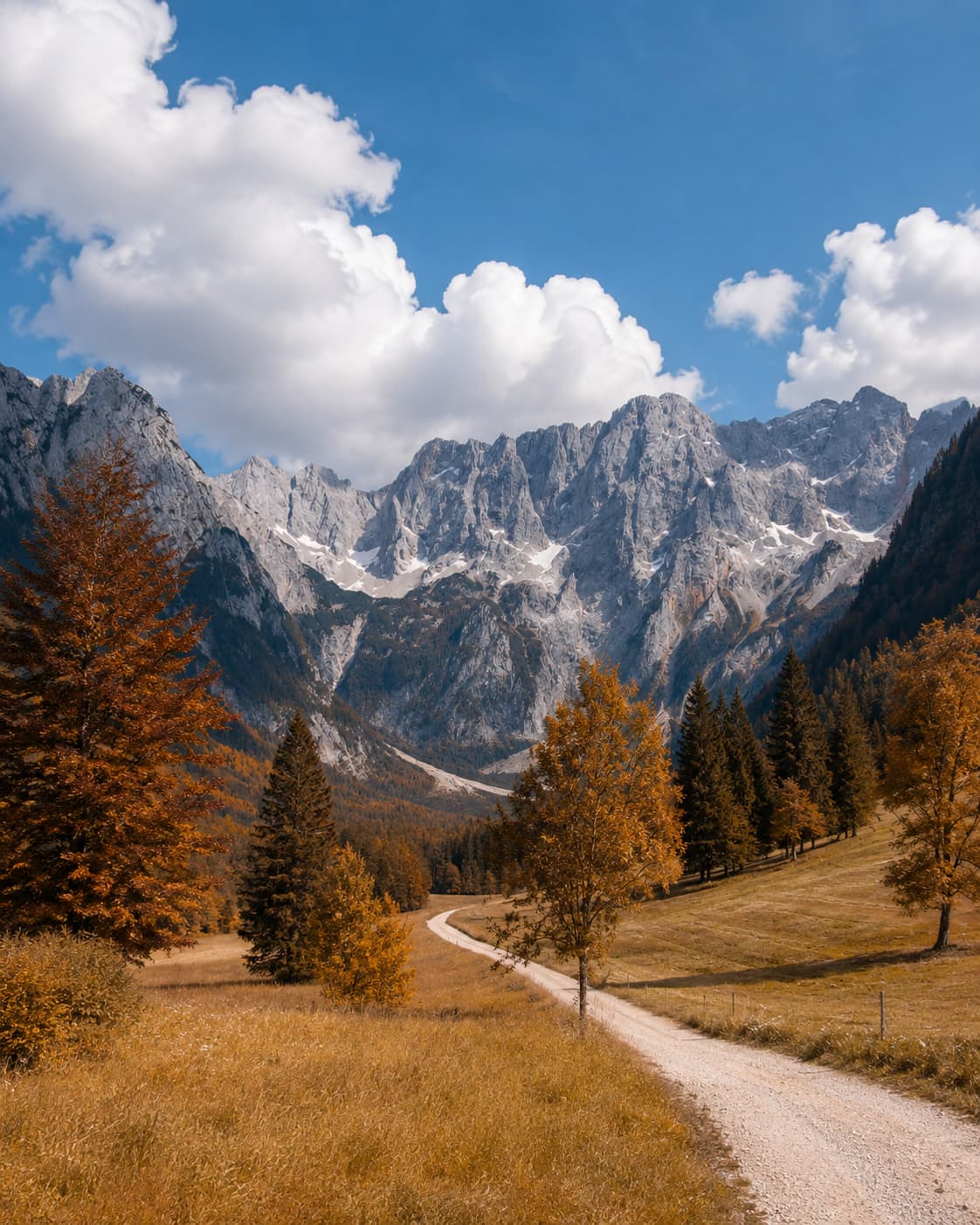 Gravel valley road lined with golden autumn larch and orange trees leading toward the snow-capped grey peaks of the Kamnik-Savinja Alps in Slovenia in October
