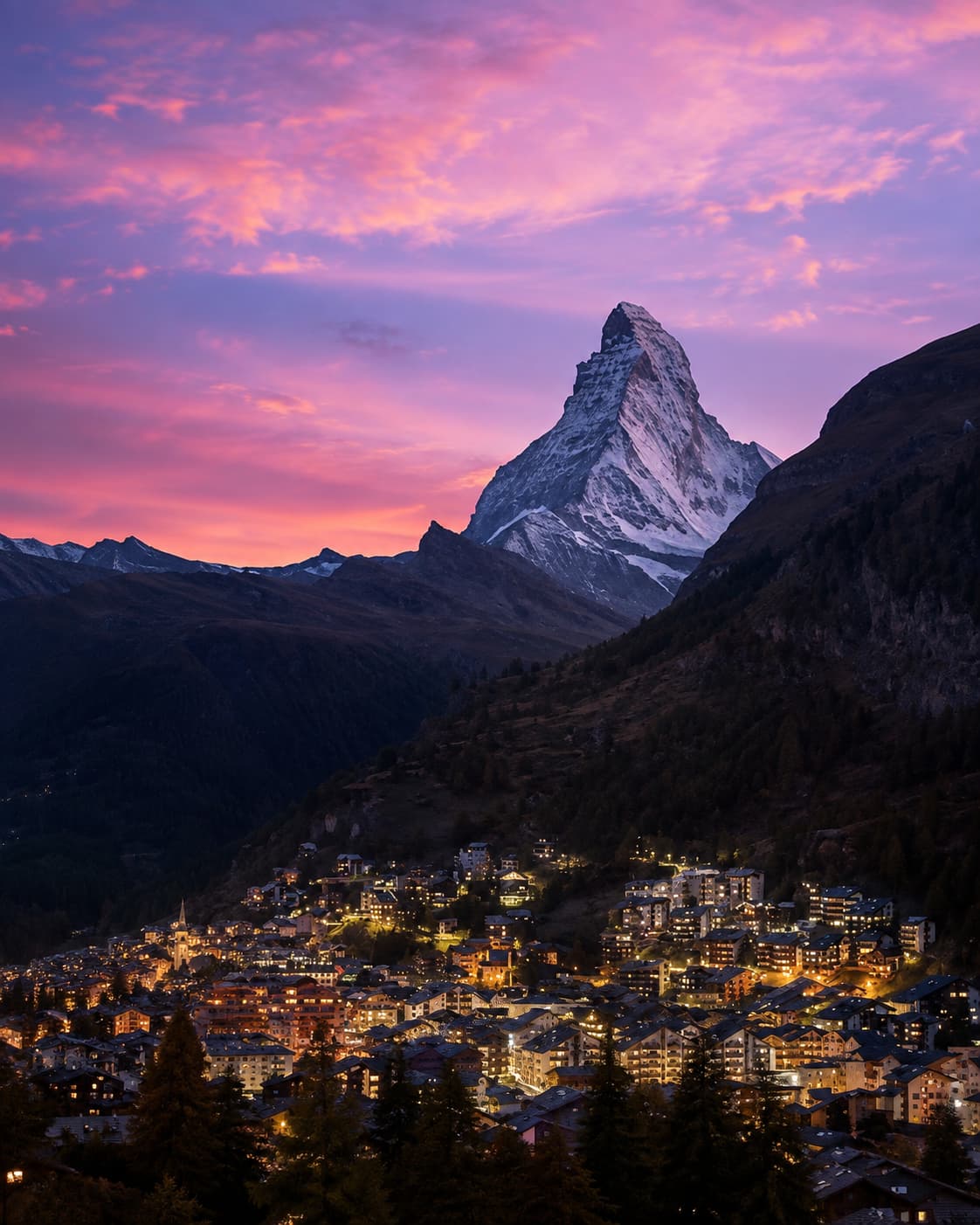 Zermatt village lit up at dusk in the Swiss Alps in October, with the snow-covered Matterhorn rising above a pink and purple sky