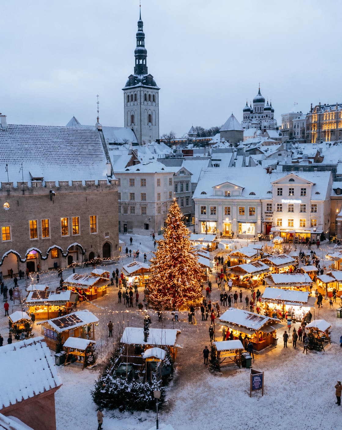 Tallinn Town Hall Square — best christmas markets europe low-crowd pick, snow-covered medieval square with lit Christmas tree