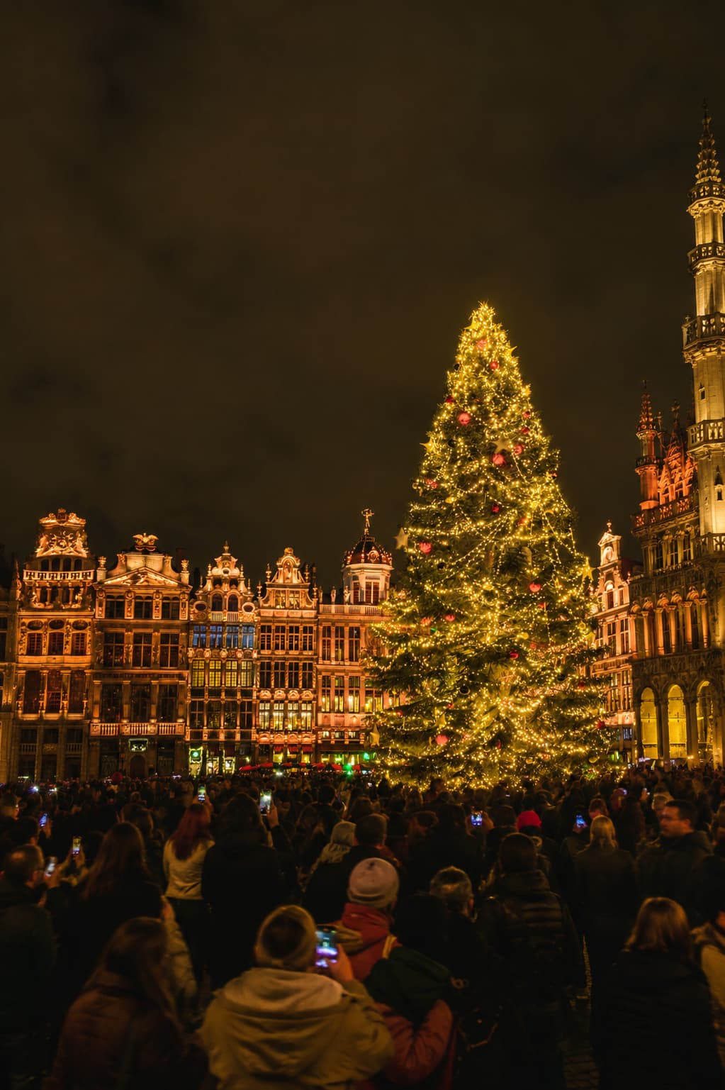 Brussels Grand Place Christmas market at night, massive lit Christmas tree, crowds photographing the baroque guild halls