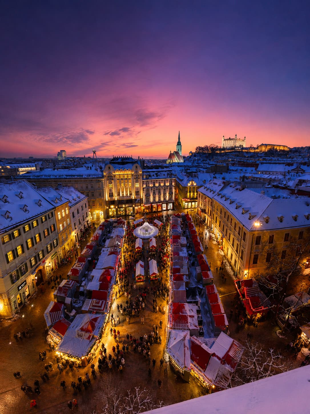 Bratislava Christmas market — best christmas markets europe underrated pick, aerial at violet sunset with castle on hill