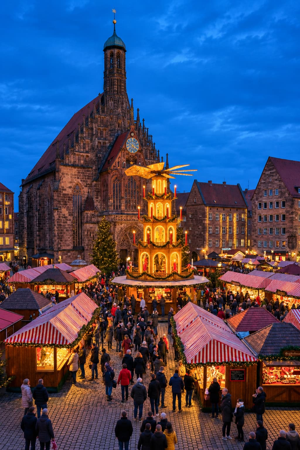 Nuremberg Christkindlesmarkt — best christmas markets europe Germany pick, red-striped stalls and Frauenkirche at blue hour