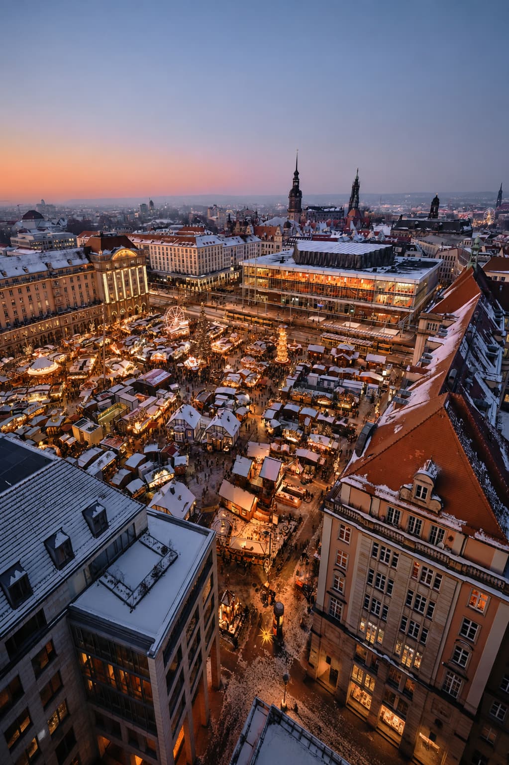 Dresden Striezelmarkt aerial at sunset, snow-covered stalls and Christmas pyramid, baroque spires in background