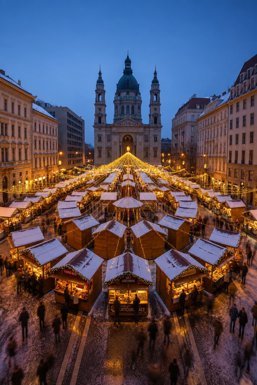 Budapest St Stephen's Basilica — best christmas markets europe value pick, aerial of symmetrical snow-covered stalls at blue hour