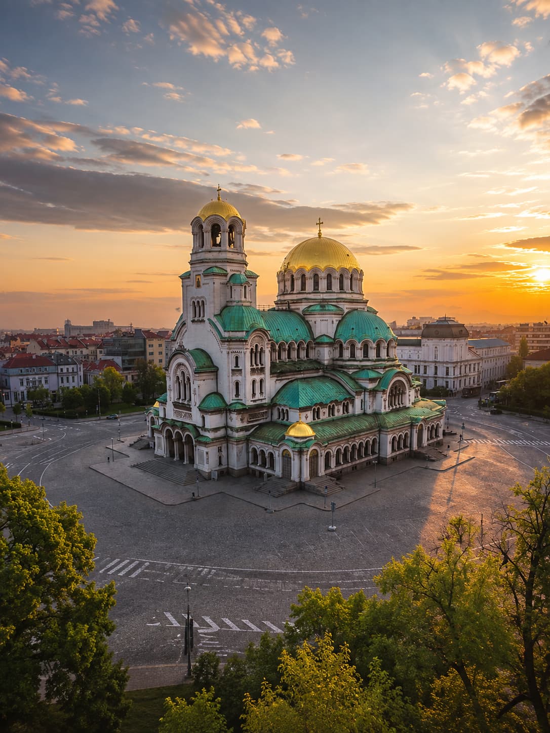 Alexander Nevsky Cathedral in Sofia Bulgaria at sunset, golden and green domes glowing under a dramatic orange and purple sky — a cheap birthday trip idea in Eastern Europe