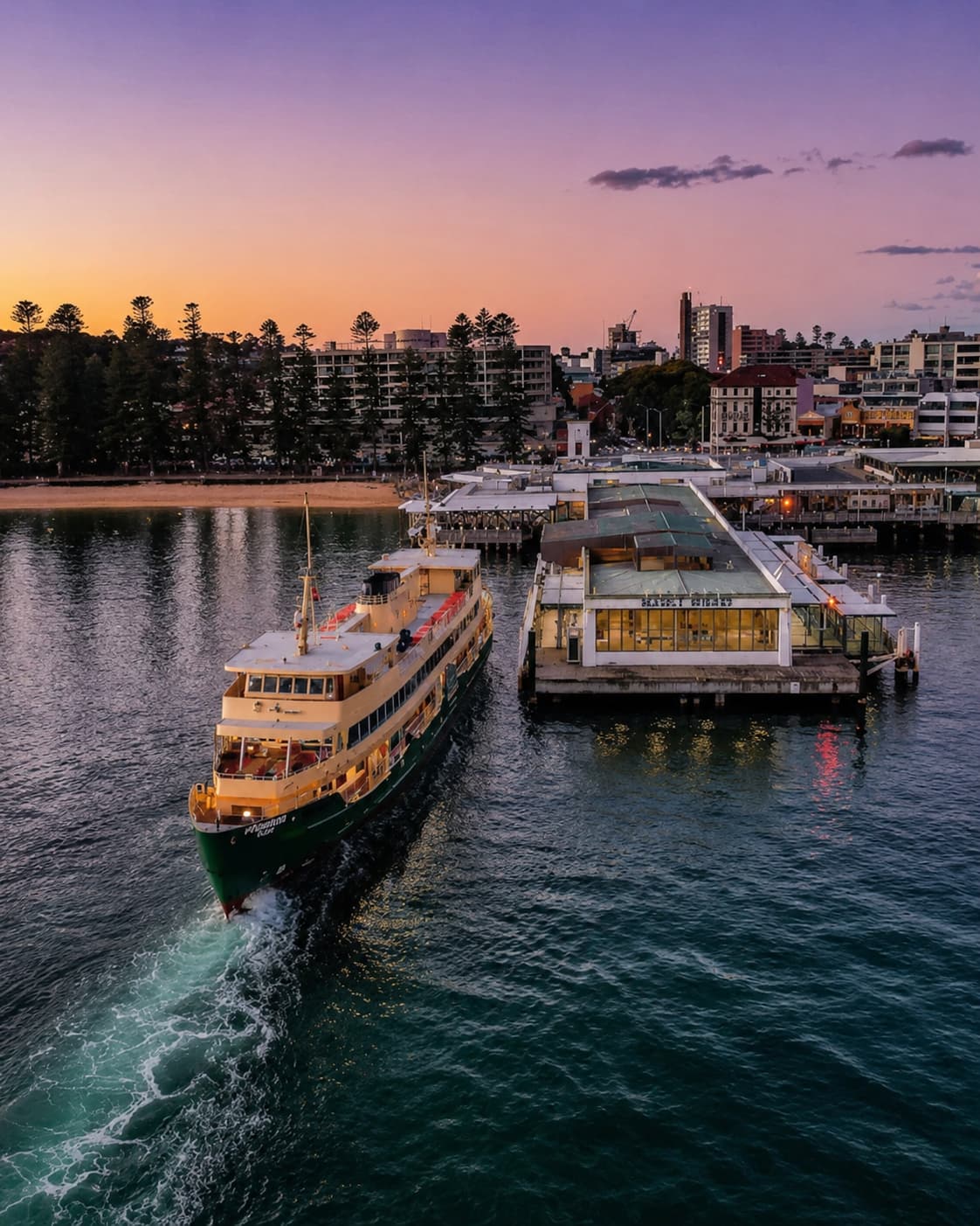 Manly ferry departing at purple dusk on Sydney Harbour, warm cabin lights reflected in dark water — a closing image for birthday trip ideas