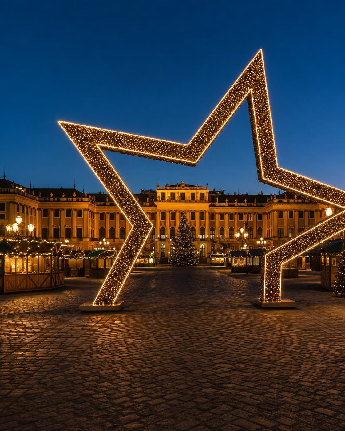 Vienna Schonbrunn Palace Christmas market at night with illuminated star installation and stalls — one of Europe's earliest Christmas markets to open
